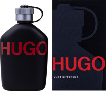 Hugo Boss Just Different woda toaletowa męska, czarna matowa butelka i pudełko z czerwonym logo HUGO.