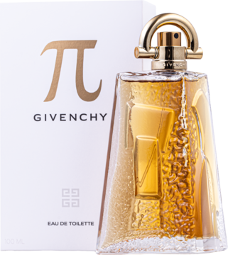 Givenchy Pi męska woda toaletowa. Złoty, geometryczny flakon z bursztynowym płynem, obok białe opakowanie z logo Pi.
