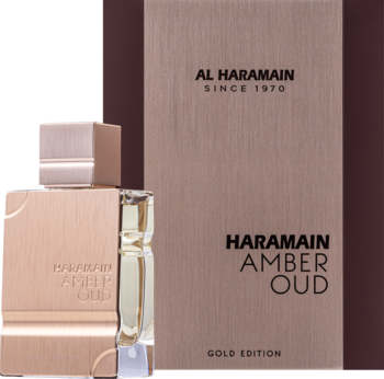 Flakon Al Haramain Amber Oud Gold Edition unisex i pudełko w miedzianym i burgundowym kolorze, widok z przodu.
