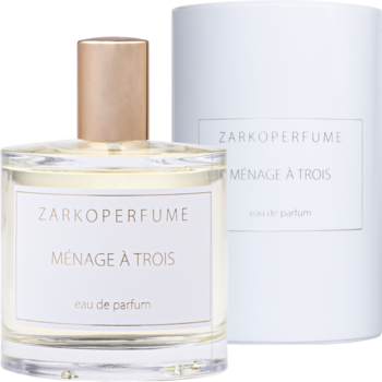 Zarkoperfume Ménage à Trois woda perfumowana unisex, szklana butelka, arbuz i piżmo, białe pudełko, widok z przodu.