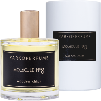 Zarkoperfume Molecule No. 8 "wooden chips" – butelka z żółtym płynem i dopasowane białe pudełko.