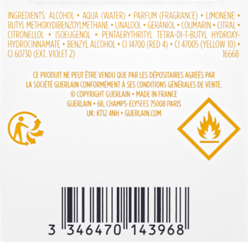 Tylna etykieta Guerlain Aqua Allegoria Nettare Di Sole EDT. Białe opakowanie z listą składników i symbolami marki Guerlain.