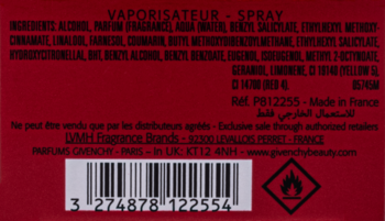 Tył opakowania perfum Givenchy Amariage w sprayu z listą składników, kodem kreskowym i symbolem łatwopalności.