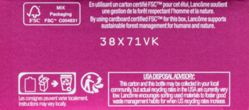 Tył opakowania Lancôme Miracle EDP, magenta, z kodem 38X71VK, logo FSC i instrukcjami recyklingu dla USA.
