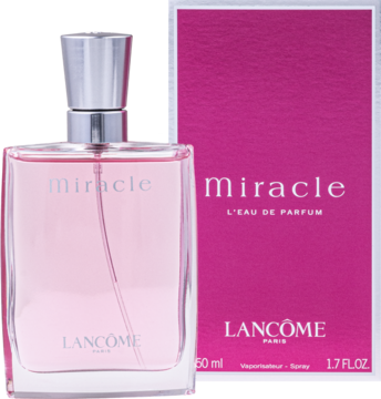 Różowa woda perfumowana Lancôme Miracle 50 ml w szklanym flakonie obok dopasowanego kartonika.