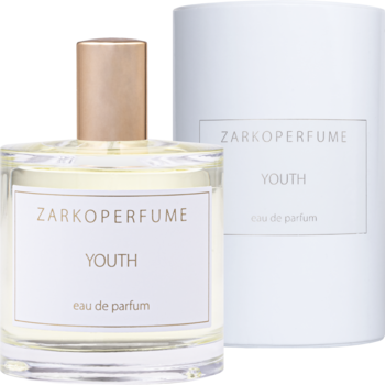 Zarkoperfume Youth, świeża woda perfumowana unisex, w szklanej butelce ze złotym korkiem i białym pudełkiem.