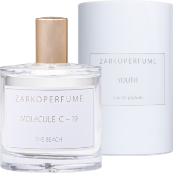 Flakon Zarkoperfume Molécule C-19 The Beach, biała etykieta, złota zakrętka, obok białe opakowanie perfum Youth.