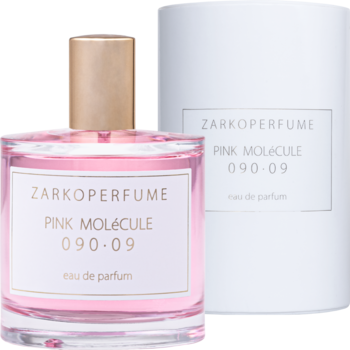 Zarkoperfume Pink Molecule 090.09, świeża woda unisex, różowa butelka z złotą nakrętką i białe pudełko.