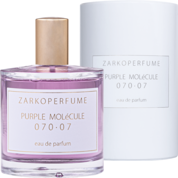 Elegancka butelka fioletowej wody perfumowanej Zarkoperfume Purple Molecule 070.07, widoczna z przodu, obok pudełko.