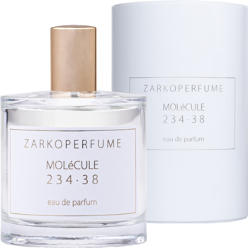 Zarkoperfume Molecule 234.38 unisex woda perfumowana, szklana butelka ze złotą nakrętką, widok z przodu, z pudełkiem.