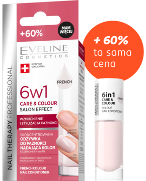 Eveline 6w1 Care & Colour French odżywka do paznokci, pudełko i butelka. Delikatny mleczny odcień, +60%.