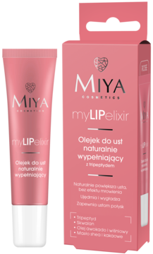 Różowy olejek do ust MIYA myLIPelixir Rose z tripeptydem, naturalnie wypełniający, w tubce i pudełku.