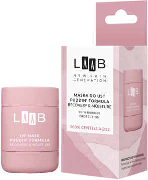 Nawilżająca maska do ust AA LAAB Puddin' Formula 100% Centella B12 w różowym opakowaniu, obok pudełka.