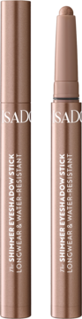 Dwa brązowo-beżowe cienie w sztyfcie IsaDora The Shimmer Eyeshadow Stick, jeden zamknięty, drugi z wysuniętą końcówką.