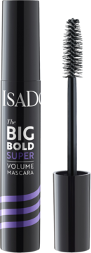 IsaDora Big Bold Super Volume Mascara, czarna tuba z fioletowymi pasami, obok otwarta szczoteczka.