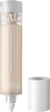 IsaDora The Wake Up The Glow Fluid Serum Foundation SPF 30 w beżowej butelce z widoczną pompką i zdjętą nakrętką.