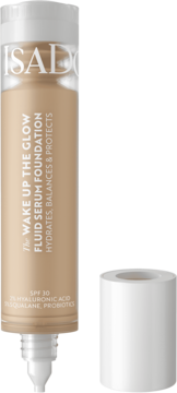 IsaDora Wake Up The Glow Fluid Serum Foundation SPF 30, beżowy, w butelce z pompką obok białej zakrętki, widok przodem.