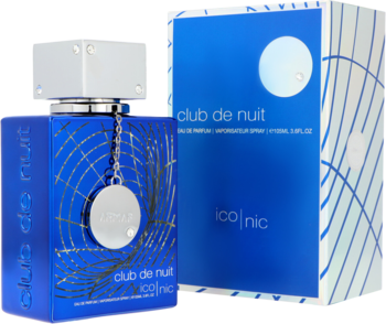 Armaf Club de Nuit Blue Iconic męska woda perfumowana, niebieski flakon i pudełko z geometrycznym wzorem.