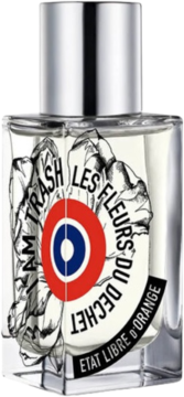 Flakon perfum Etat Libre D'Orange I Am Trash, przezroczysty, srebrna nakrętka, biała etykieta z kwiatami i logo tarczowym.