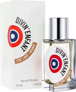 Divin'Enfant Etat Libre d’Orange unisex floralna EDP 50ml. Przezroczysta butelka i białe pudełko z logo, widok pod kątem.