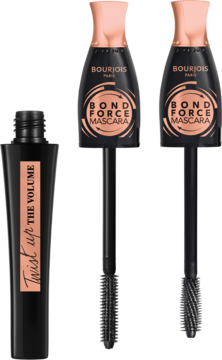 Dwie czarne maskary Bourjois Twist Up The Volume Bond Force z różowozłotym akcentem; jedna otwarta ze szczoteczką.