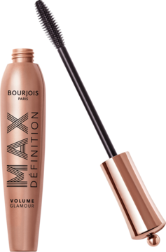 Bourjois Volume Glamour Max Définition mascara w butelce różowe złoto, obok skośnie ułożona silikonowa szczoteczka.