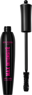 Otwarty tusz Bourjois Volume Glamour MAX INTENSITÈ, czarny, z różowymi napisami, widoczna szczoteczka.