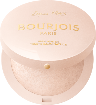 Rozświetlacz do twarzy Bourjois Maxi Round Pot, pudrowy, jasnoróżowy kompakt, lekko otwarty z perłowym pudrem.