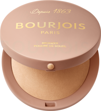 Okrągła beżowa puderniczka Bourjois Maxi Round Pot Bronzer otwarta, z widocznym matowym pudrem brązującym.