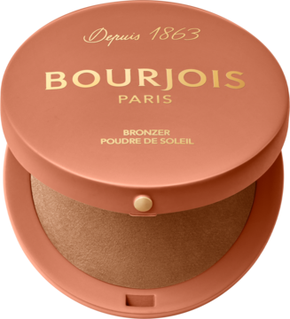 Otwarty Bourjois Maxi Round Pot Bronzer w brzoskwiniowym kompakcie, widoczny matowy, brązowy puder. Z przodu.
