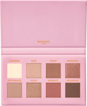 Otwarta różowa paleta Bourjois Gold Glamour, 8 cieni do powiek: mat, połysk, metalik, róż i brązy.