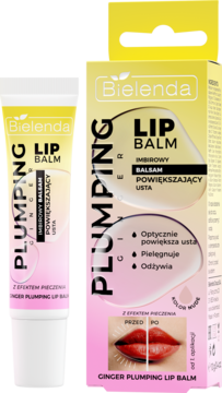 Bielenda Plumping Ginger Lip Balm Nude: tubka i pudełko. Różowo-żółte, z efektem pieczenia, ujęcie pod kątem.