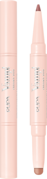 Pupa Milano Vamp! Creamy Duo Deep Nude, dwa beżowe sztyfty: kremowa pomadka i konturówka, jeden otwarty.