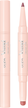 Pupa Milano Vamp! Creamy Duo Deep Rose. Dwa różowe sztyfty: zamknięty i otwarty z konturówką i pomadką.