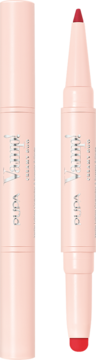 Dwie kredki Pupa Vamp! Creamy Duo True Red: jedna zamknięta, druga otwarta, pokazująca czerwoną pomadkę.