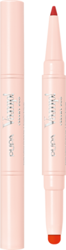 Pupa Milano Vamp! Creamy Duo Orange Red. Dwa różowe sztyfty, jeden otwarty z czerwoną konturówką i pomadką.