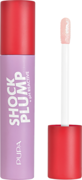 Pionowy błyszczyk Pupa Milano Shock Plump, lawendowa tubka z czerwonym korkiem, otwarty aplikator pH Reactive.