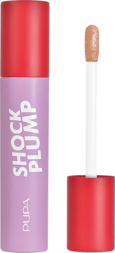 Pupa Milano Shock Plump błyszczyk powiększający, liliowa tubka z czerwoną nakrętką, otwarty z beżowym aplikatorem.