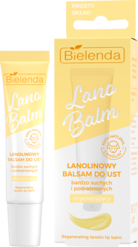 Żółty regenerujący balsam do ust Bielenda Lano Balm, z lanoliną, w tubce i kartoniku, widok z przodu.