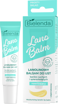 Bielenda Lano Balm, lanolinowy balsam do ust w białej tubce i błękitnym opakowaniu, widok z przodu.