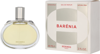Damska woda perfumowana Hermes Barénia Eau de Parfum w butelce i białym pudełku z czerwoną nazwą, widok z przodu.