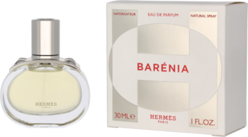 Damska woda perfumowana Hermes Barénia Eau de Parfum w przezroczystej, okrągłej butelce i beżowe pudełko z H.