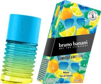 Męska woda toaletowa Bruno Banani Limited Edition: butelka z gradientem błękit-żółć i tropikalne pudełko.