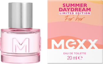MEXX Summer Daydream woda toaletowa limited edition, różowy flakon z literą M i srebrnym korkiem, oraz różowo-brzoskwiniowe pudełko.