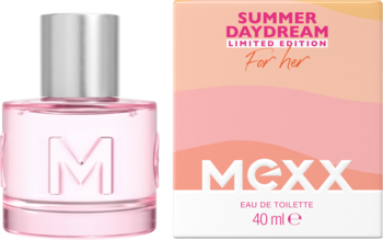 MEXX Summer Daydream woda toaletowa dla kobiet 40ml: różowy flakon z logo M, brzoskwiniowo-różowe opakowanie.