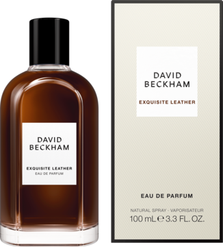 David Beckham Exquisite Leather, dymna woda perfumowana w brązowej butelce i beżowym opakowaniu, widok z przodu.