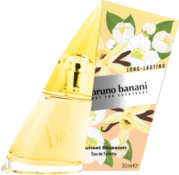 Bruno Banani Sunset Blossom Eau de Toilette, żółta butelka z logo bb, pudełko z jaśminem i wanilią w tle.