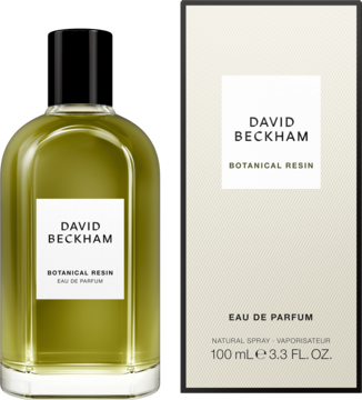 David Beckham Botanical Resin woda perfumowana: zielona butelka z czarną nakrętką i beżowe pudełko, widok z przodu.