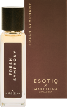 Damska woda perfumowana Esotiq Fresh Symphony Marcelina Zawadzka, szklana butelka i brązowe pudełko, widok z przodu.