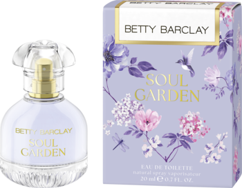 Betty Barclay Soul Garden woda toaletowa 20ml. Fioletowy flakon i pudełko z kwiatami. Nuty kwiatowo-owocowe.